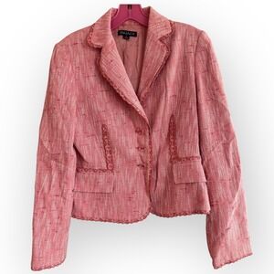Tahari Pink Tweed Blazer Size 4 Career Business Jacket w Flower Buttons Lace Trm